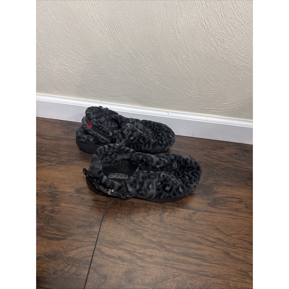 Crocs Fur Clogs Leopard Faux Fur Grey Black Cozy Slippers Y2K Mens 8 Womens 10